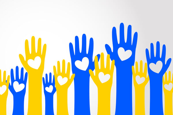 I stand with Ukraine flag concept background, group hands of peo